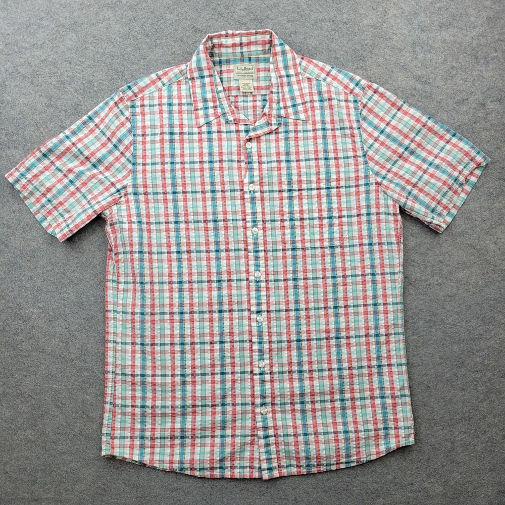 LL Bean Shirt Mens MT Medium Tall Plaid Organic Cotton Button Front Seersucker